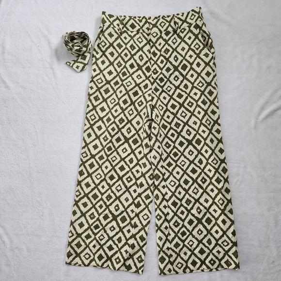 INDUSTRY Olive Geometric Wide Leg Pants High Rise Belted Boho Trouser Medium - Picture 3 of 13